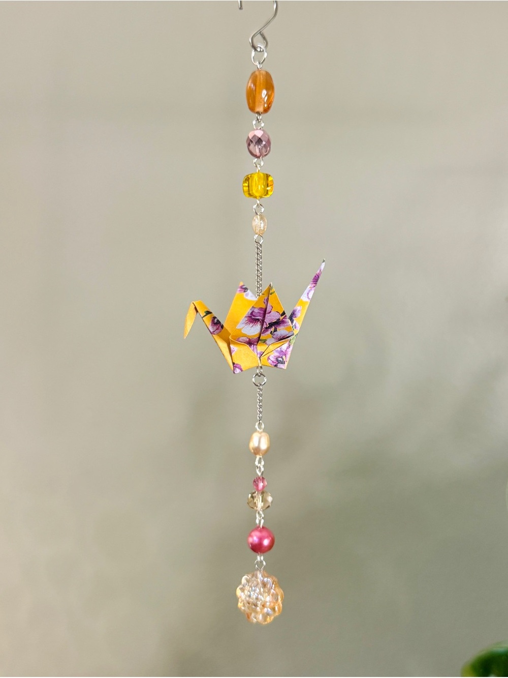 Origami Ornament #2557 - Small Crane with Glass Beads
